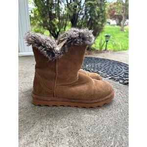 Bearpaw Suede Brown Boots Faux Fur Trim Winter Ankle Booties US 7‎